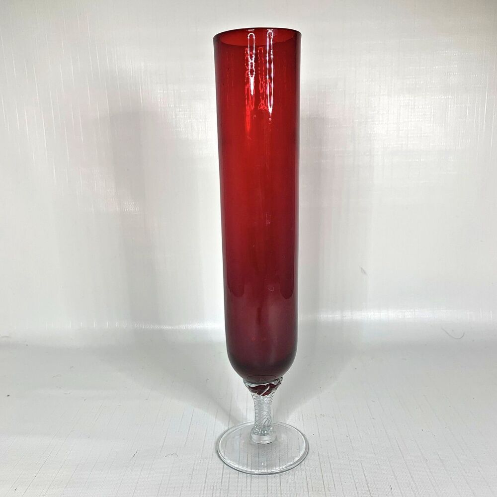 Vintage Ruby Red Vase Glass Cylinder Hand Blown Pedestal Bud Cottage Core